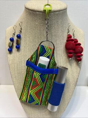 Gift Set Neon Tapestry Lipstick Balm Holder Keychain Purse Charm 2 pr Earrings